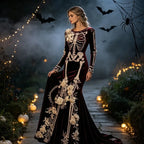 Halloween White Bone Skeleton Embroidered Long Sleeved Dress, Dark Rose Three-dimensional Flower Slimming Holiday Party Dress