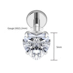 Right Grand ASTM F136 Titanium 16G Heart CZ Threaded Labret 3mm/4mm/5mm CZ Cartilage Tragus Helix Nose Stud Piercing Jewelry