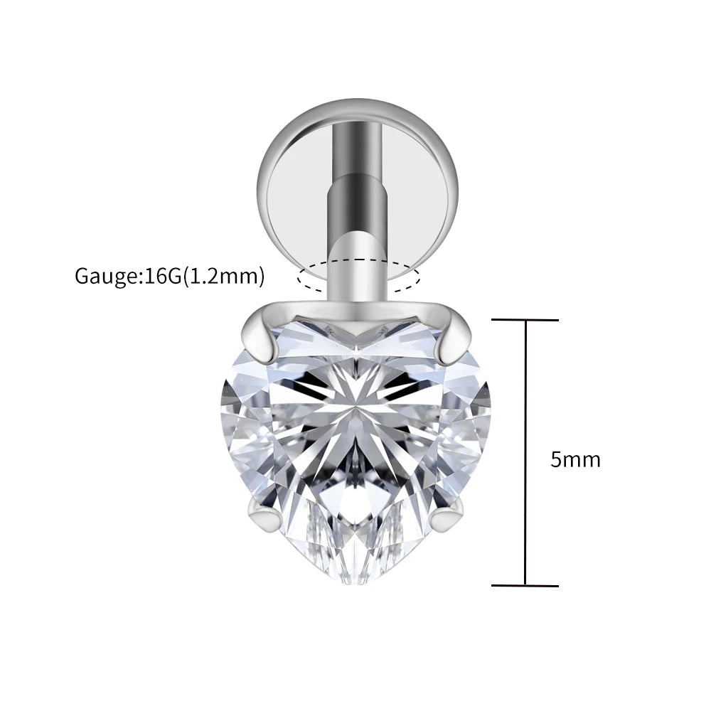 Right Grand ASTM F136 Titanium 16G Heart CZ Threaded Labret 3mm/4mm/5mm CZ Cartilage Tragus Helix Nose Stud Piercing Jewelry