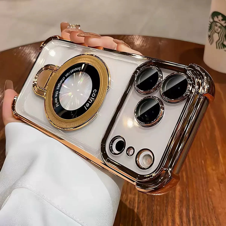 For Magsafe Wireless Charging Case For iPhone 18 Pro Max Air 14 15 Plus 13 16 17 Pro Transparent Plating Ring Holder Phone Cover