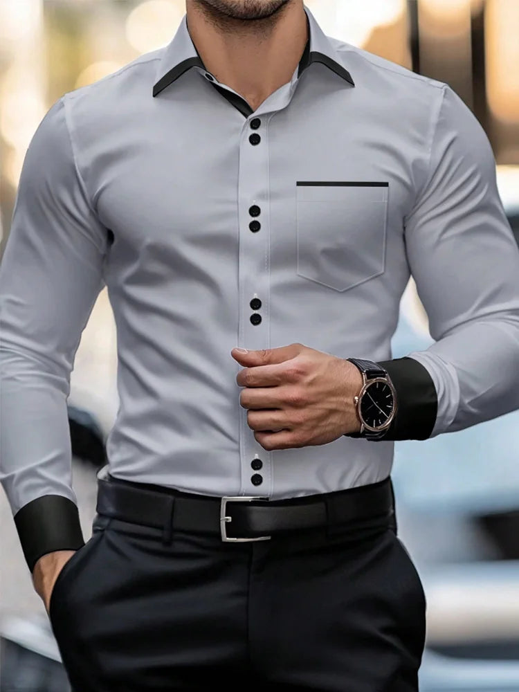 Men's Casual Business Long-sleeved Shirt, British Style Double Button Shirt, Slim Long-sleeved Lapel Shirt