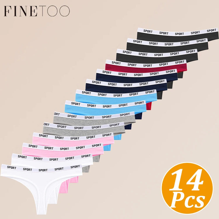FINETOO 14 Pack Women's Cotton Thong Low‑Rise Elastic Panties SPORT Letter Waistband Briefs Breathable Soft Ladies Underwear No‑Show Daily Sports Wear Multipack S‑XL