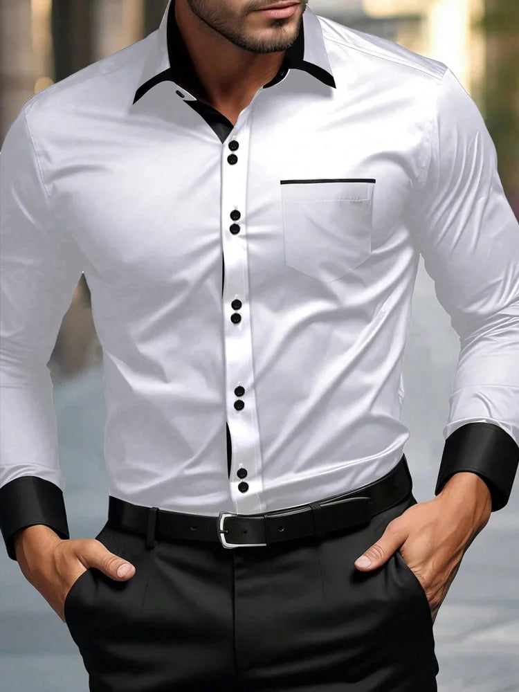 Men's Casual Business Long-sleeved Shirt, British Style Double Button Shirt, Slim Long-sleeved Lapel Shirt