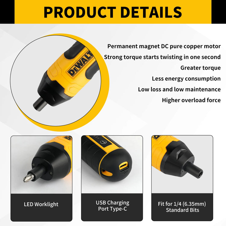 DEWALT HT422 Electric Screwdriver 3.6V Compact 1/4" Hex LED Light USB Rechargeable for Furniture Assembly Repair