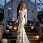 Halloween White Bone Skeleton Embroidered Long Sleeved Dress, Dark Rose Three-dimensional Flower Slimming Holiday Party Dress