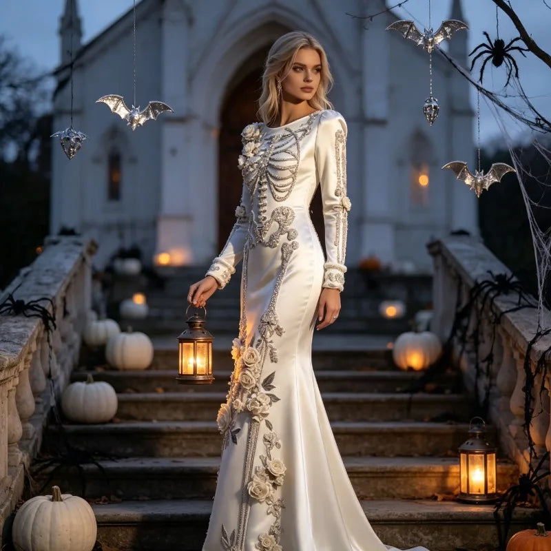 Halloween White Bone Skeleton Embroidered Long Sleeved Dress, Dark Rose Three-dimensional Flower Slimming Holiday Party Dress