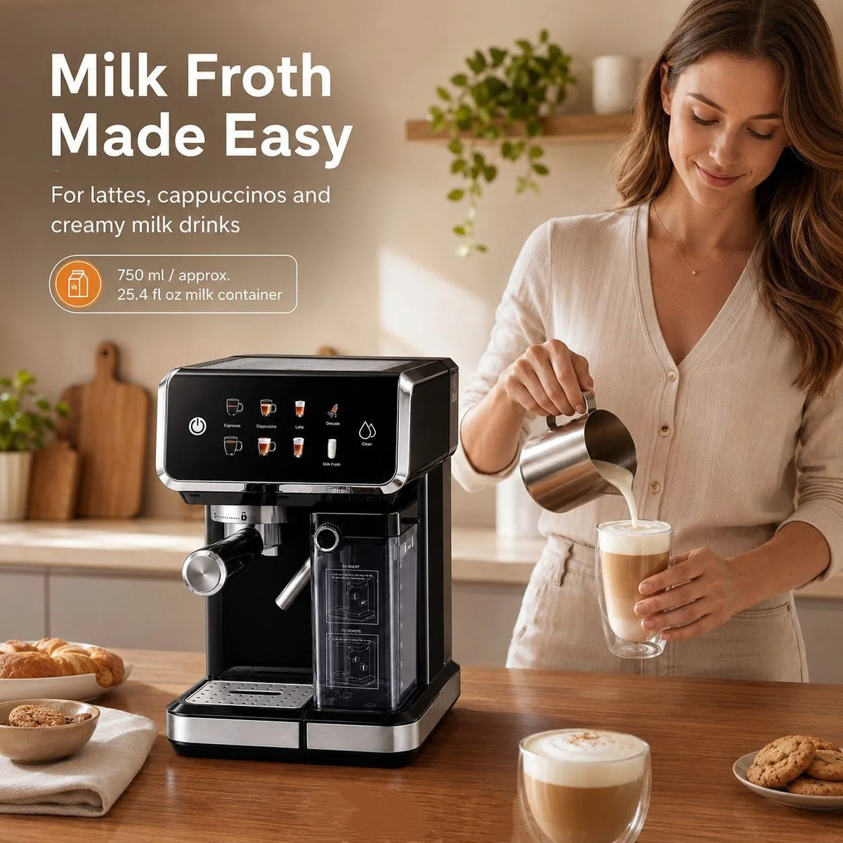 20Bar Espresso Machine, Semi-Automatic Coffee Maker with Milk Frother, Compatible with Capsules & Ground Coffee, Home Coffee Mac