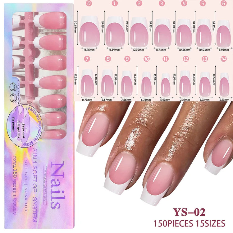 150Pcs/Box Acrylic Press on Nails Full Cover Fake False Tips Soft Gel Extension T-shaped Oval Capsule Almond Sculpted Salon DIY