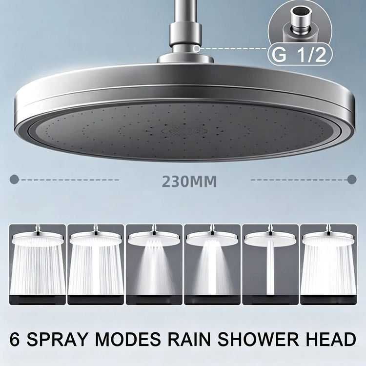 New 230mm Big Panel Large Flow Supercharge Ceiling Mounted Shower Head Set 6 Modes High Pressure Bathroom Showerhead with Filter