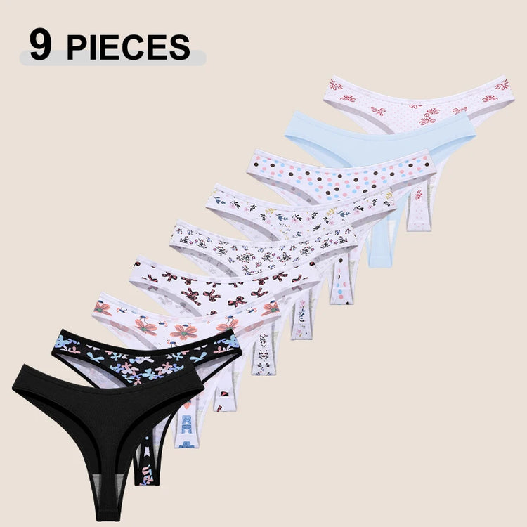 9Pcs Women's Seamless Cotton Panties XS-XXL Multiple Printing T-Back G-strings Sexy Low Waist Breathable Thongs Female Underwear