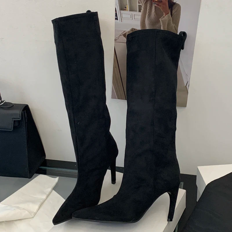 Aneikeh Fashion Winter Pointed Toe Knee-High Women Boots Thin Heels Shoes Female Punk Long Booties Zapatos De Muje