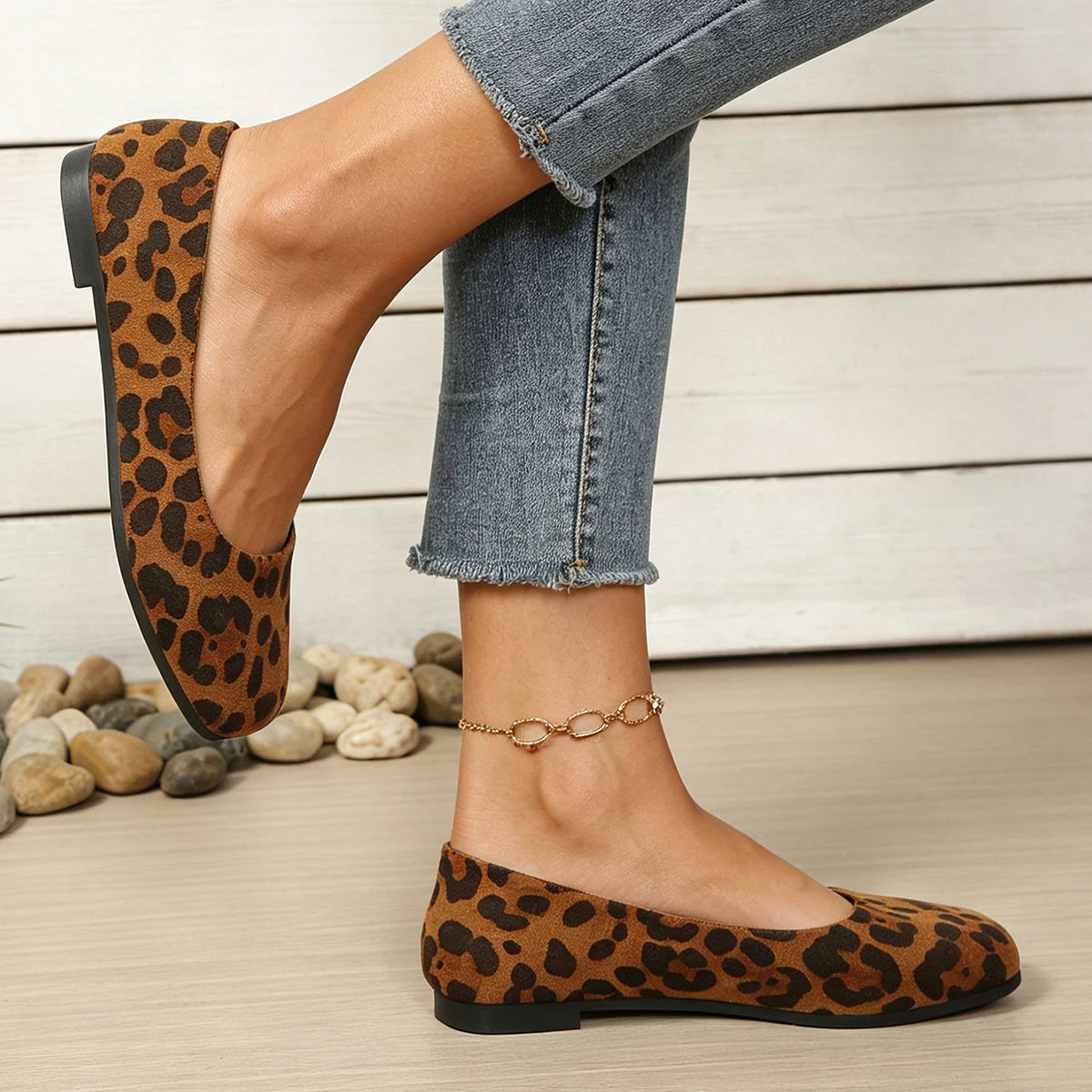 Vintage Leopard Print Square Toe Women Flats Soft Non-slip Sole Slip On Casual Shoes Office Daily Ladies Dress Ballet Shoes