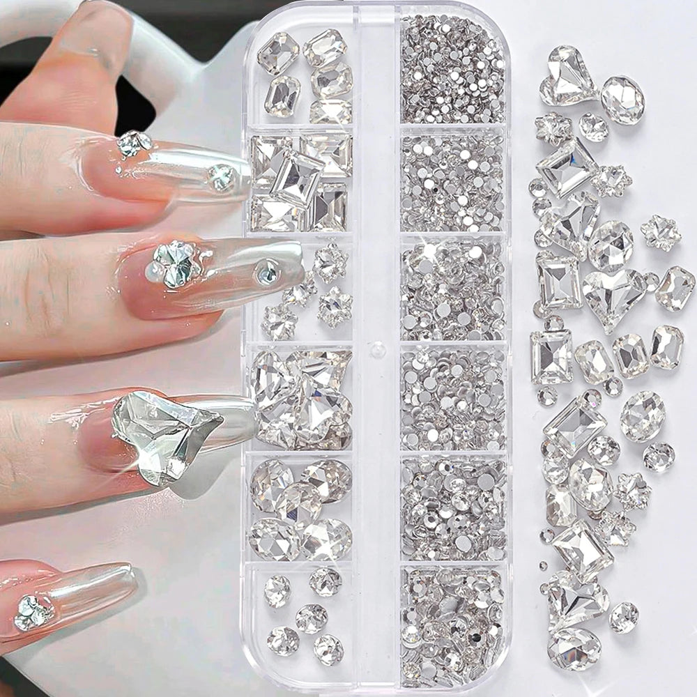 12 Grids 3D Champagne Nail Art Rhinestones Mixed Round,Fat Square,Heart,Butterfly Glass Diamond Nail Charms DIY Manicure Decor *