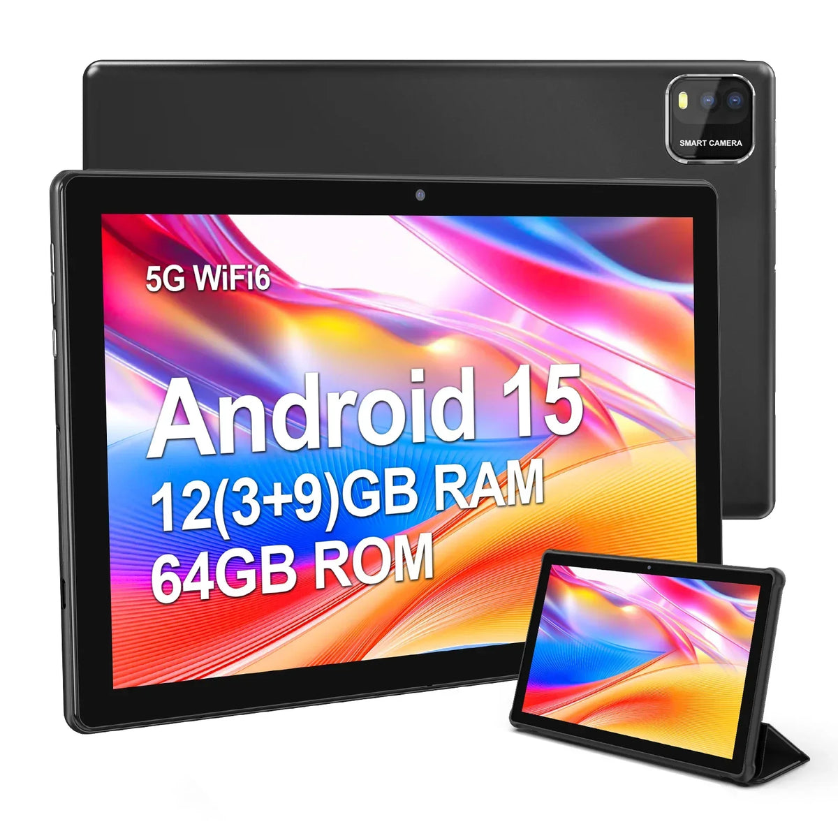 BAKEN 10-inch Android 15 tablet, quad-core processor, 12GB (3+9 expansion) RAM + 64GB storage, 5G WiFi, 1280*800 dual cameras