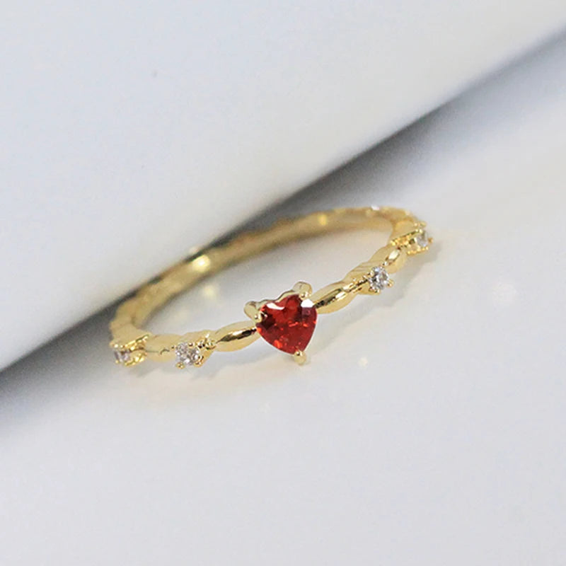 Huitan Exquisite Red Love CZ Engagement Proposal Rings for Women Thin Band Aesthetic Female Fashion Jewelry Fancy Birthday Gift