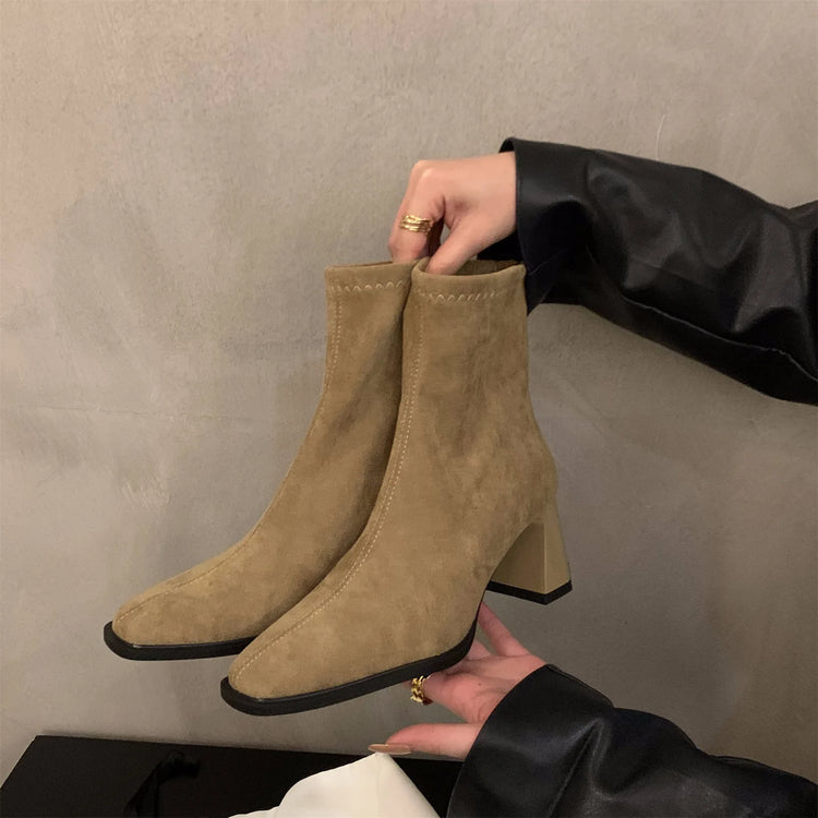 Square Head Sexy Suede Casual Work Boots for Winter Comfortable Zipper Banquet Elegant High Heels Women's Boots
