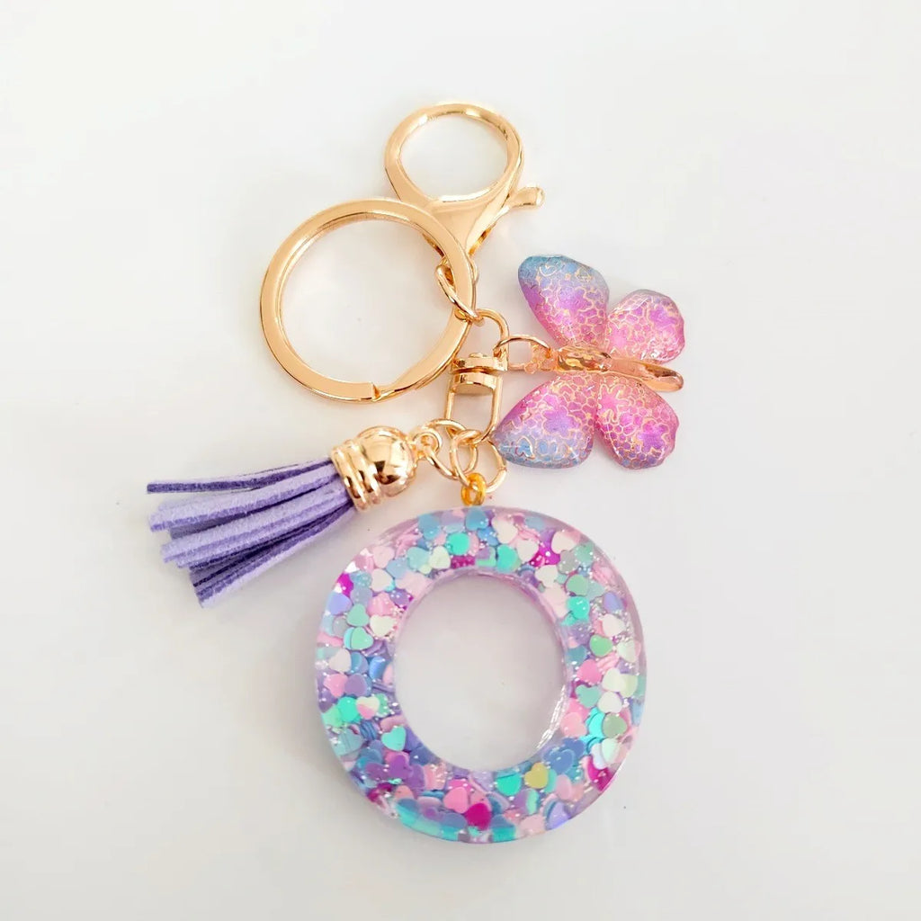 Fashion butterfly Fringe Initial Keychain Drop Glue Blend Sequin A-Z26 Letter Keychain Cute Ladies Student Bag Accessory Gift