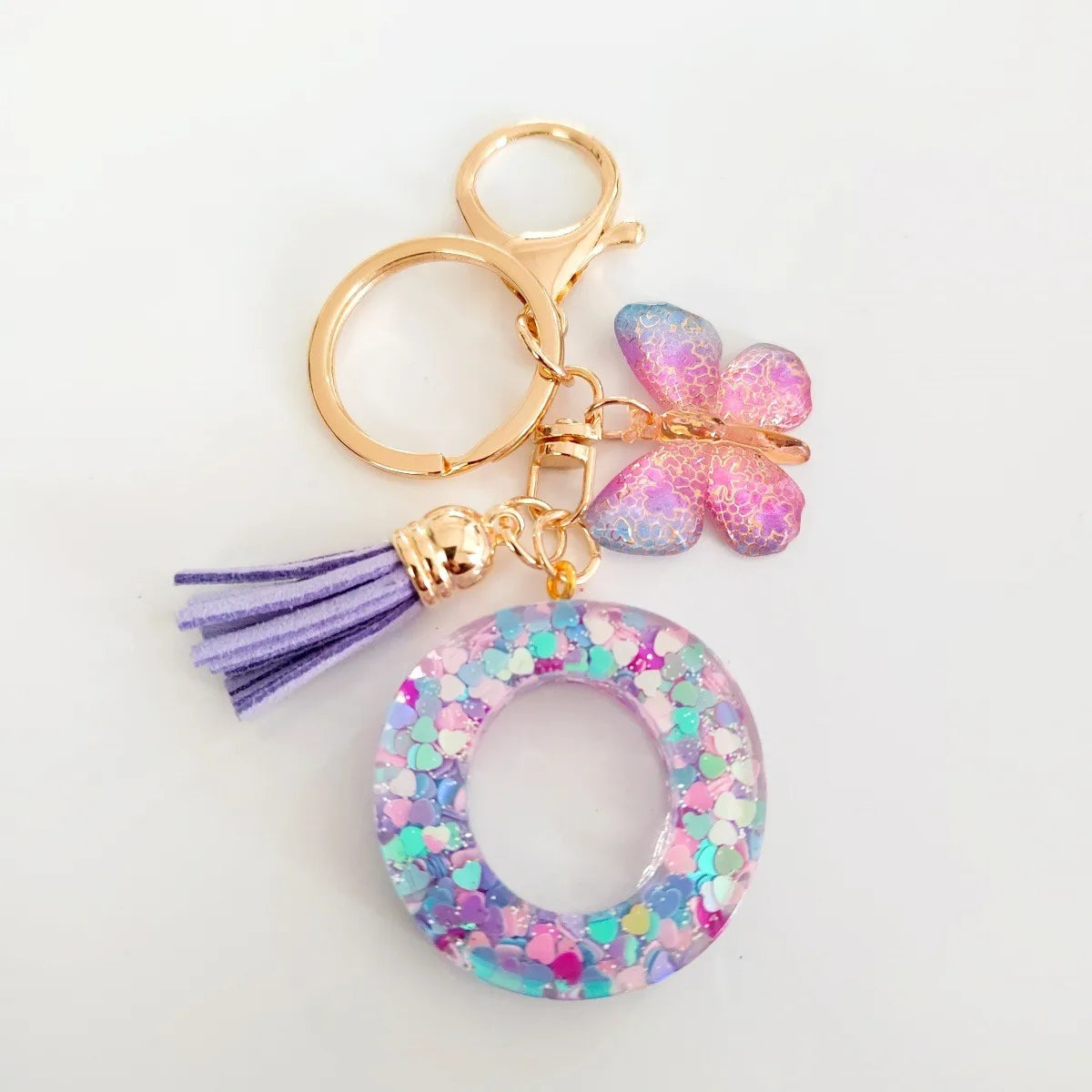 Fashion butterfly Fringe Initial Keychain Drop Glue Blend Sequin A-Z26 Letter Keychain Cute Ladies Student Bag Accessory Gift