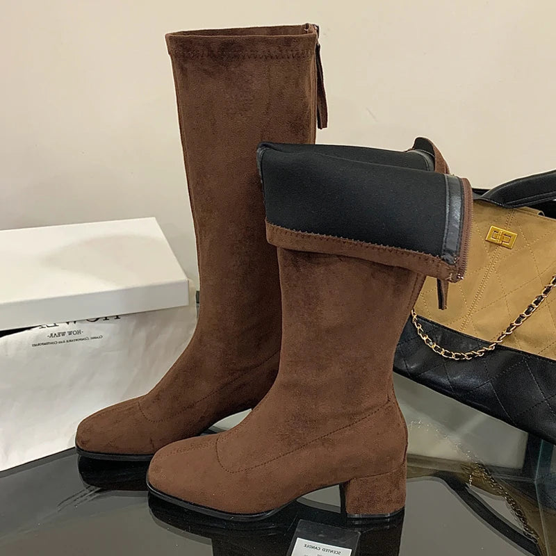 Eilyken High Quality Round Toe Women Knee-High Boots Fashion Square Heels Shoes Autumn Winter Long Zipper Booties