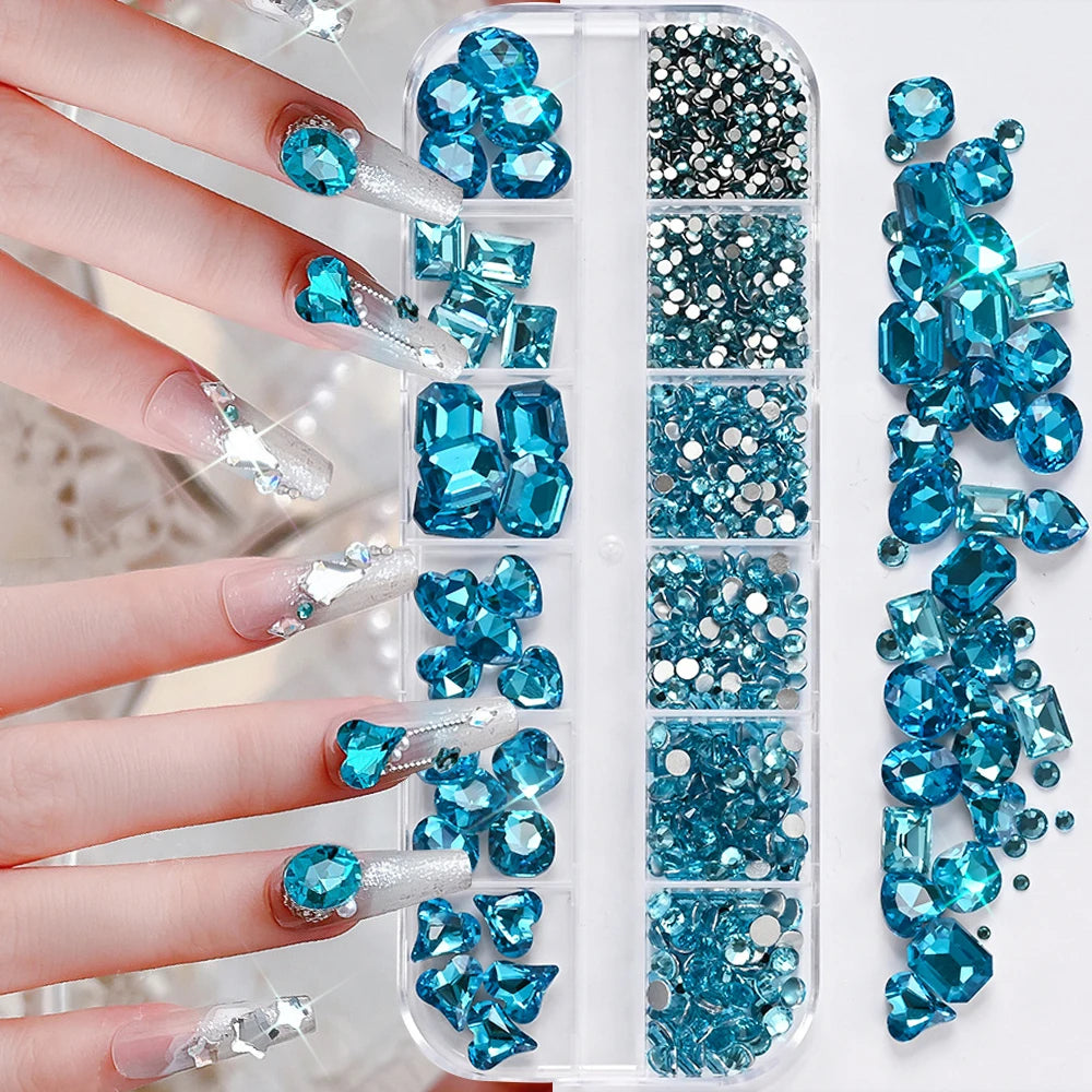 12 Grids 3D Champagne Nail Art Rhinestones Mixed Round,Fat Square,Heart,Butterfly Glass Diamond Nail Charms DIY Manicure Decor *
