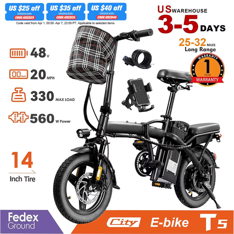Adult Electric Bike, 20 MPH,560W Motor,48V Removable Battery,14inch Folding Electric Bike,Maximum 32 Miles,1Year Warranty Ebike