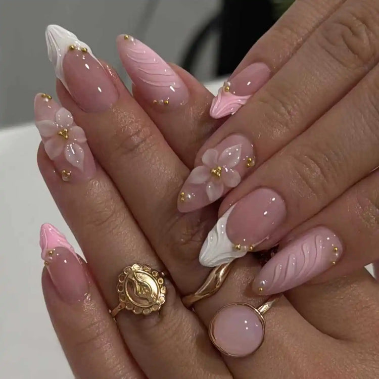 24Pcs Pink Almond False Nails Butterfly Ballet with French Design Wearable Fake Nails Simple Artificial Press on Nails Tips Art