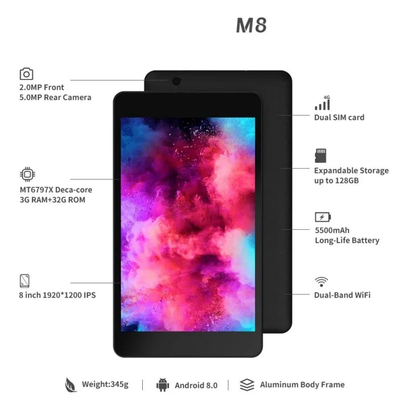 DS808 8 Inch 4G Phone Call Android 8.0 Tablet 3GB RAM 32GB ROM 10-Core MTK6797 1920x1200 Pixels GPS 2*SIM Card
