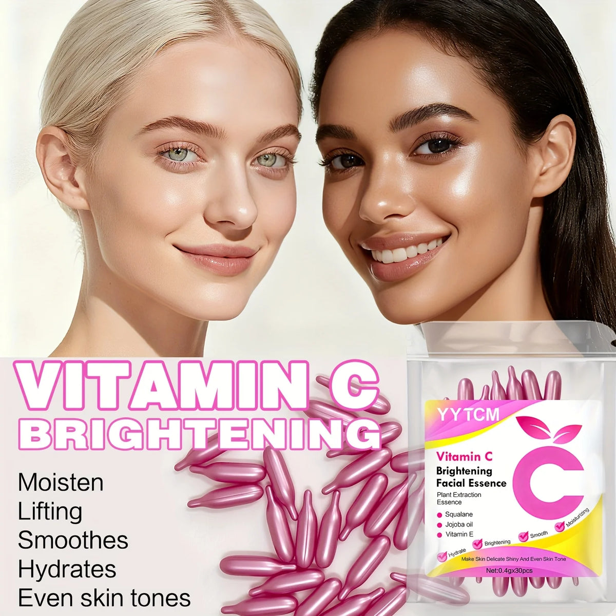 Vitamin C Skin-Brightening and Moisturizing Capsule Essence, Hydrates and Smooths Skin, Contains Plant Squalane, Vitamin E, Magnolia Oil, Jojoba Seed Oil, Deeply Hydrates and Brightens Skin Essence (0.4Gx30 Capsules)/Bag-1 Ba