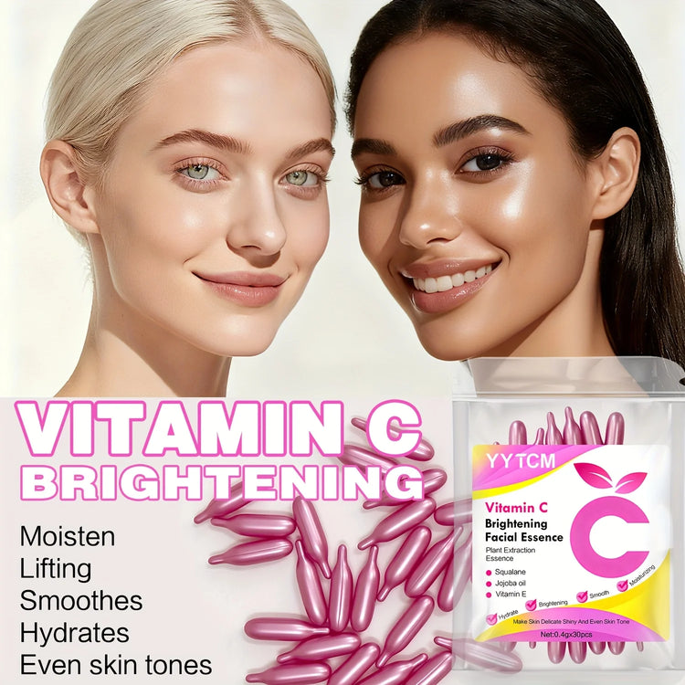 Vitamin C Skin-Brightening and Moisturizing Capsule Essence, Hydrates and Smooths Skin, Contains Plant Squalane, Vitamin E, Magnolia Oil, Jojoba Seed Oil, Deeply Hydrates and Brightens Skin Essence (0.4Gx30 Capsules)/Bag-1 Ba