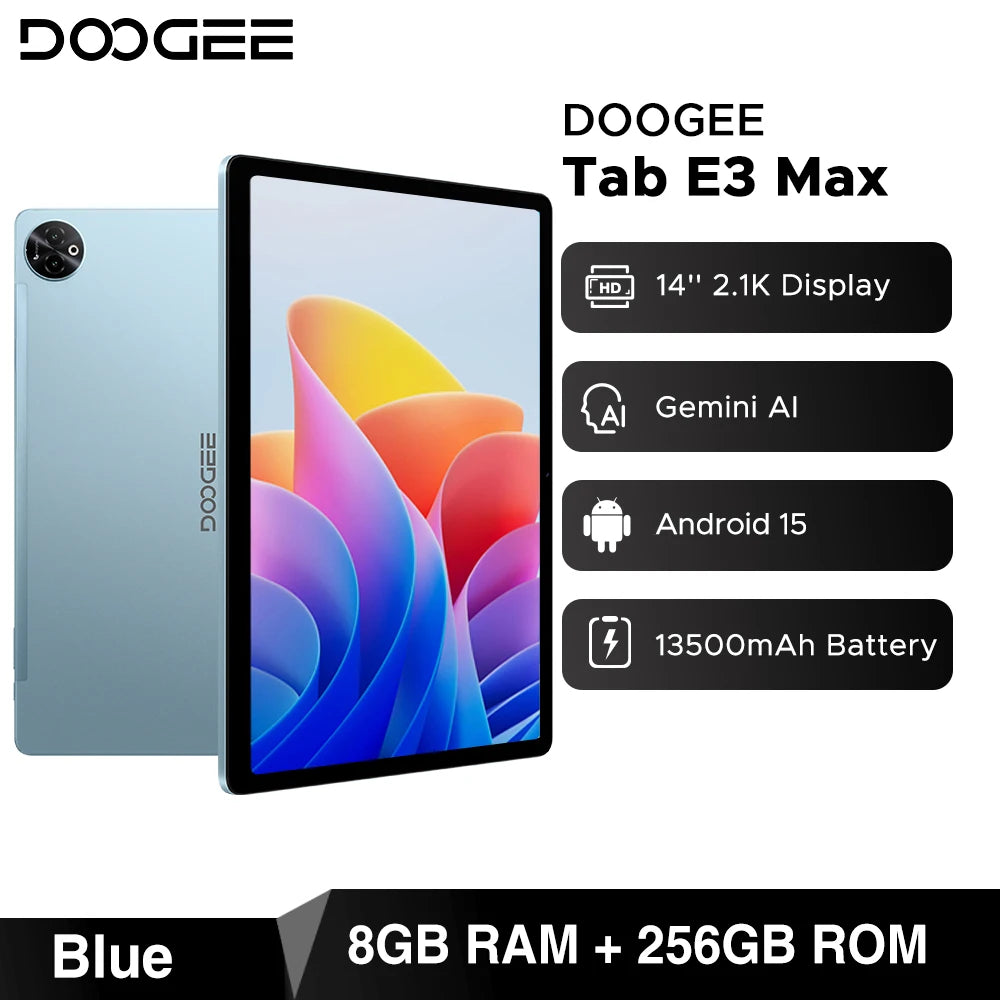 Global Version DOOGEE Tab E3 Max Tablet PC Android 15 Gemini AI 14'' 2.1K Screen 8GB RAM 256GB 13500mAh Large Battery Smart Pad