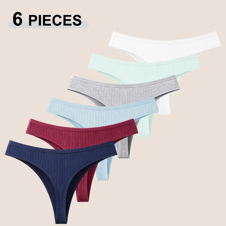 6Pcs/Set Seamless Cotton Thongs Panties For Women Sexy Low Rise Solid Color G-String Underwear Female Ribbed Breathable Lingerie