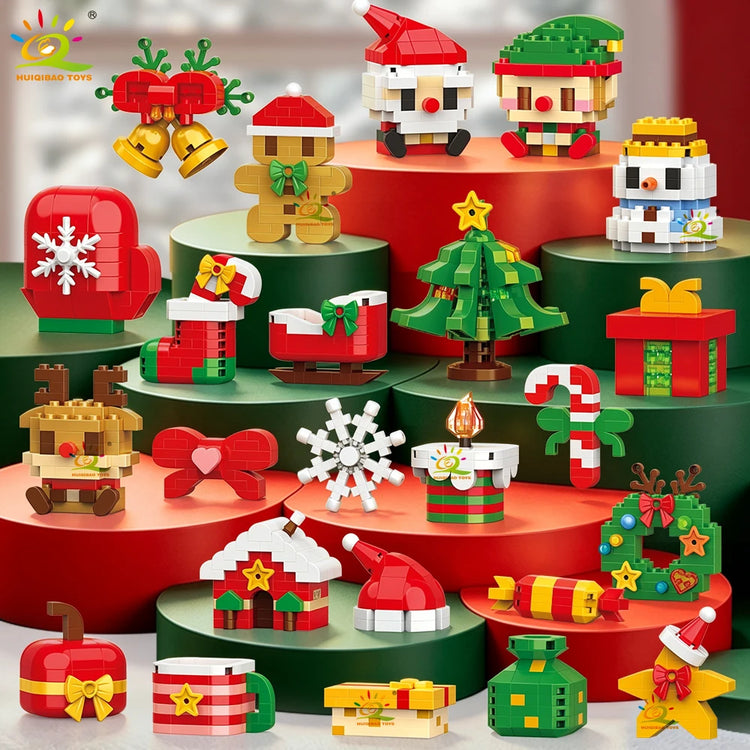 HUIQIBAO Christmas Mini Building Blocks Set DIY Santa Claus Xmas Tree Snowman House Ornament Kid Educational Assembly Toy