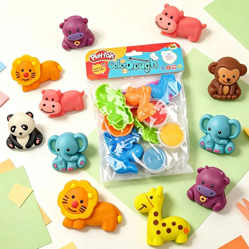 3D Animal Clay Set with Mold Children DIY Creativity Play Dough Set Safe Non-toxic Cartoon Molding Dough Accessories Kit for Kid