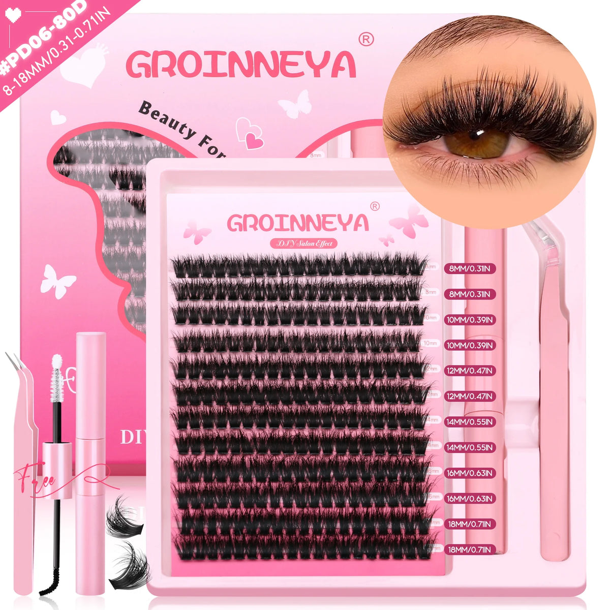 GROINNEYA DIY Lash Clusters Kit Thick Fluffy Cluster Lashes Full Set Lashes Extension with Lash Bond&Seal Individual Eyelashes