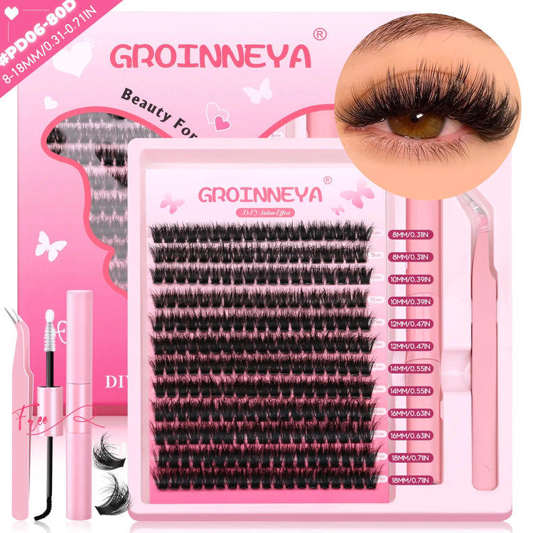 GROINNEYA DIY Lash Clusters Kit Thick Fluffy Cluster Lashes Full Set Lashes Extension with Lash Bond&Seal Individual Eyelashes