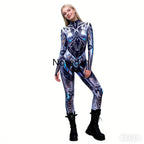 Sexy Fashion Print Jumpsuit Woman Turtleneck Zentai Bodysuit Cyberpunk Steam Tight Suit Halloween Costume Burning Man Outfit
