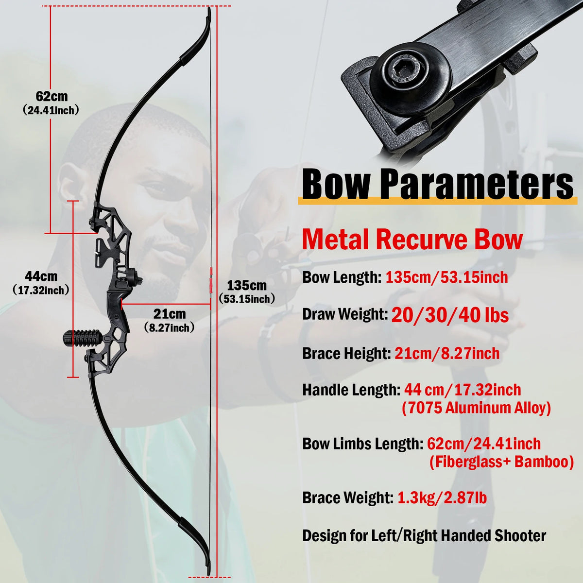 Metal Riser Recurve Bow Set for Adults, 20-40lb Aluminum Takedown Bow, Ambidextrous Competition Target Bow Kit, Ships from US