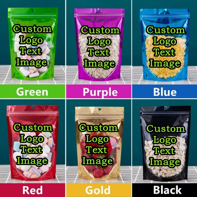 100PCS Stand-up Clear Plastic Ziplock Bag DIY Logo Brand Matcha Tea Wedding Snack Sugar Coffee Spice Candy Gift Storage Pouches