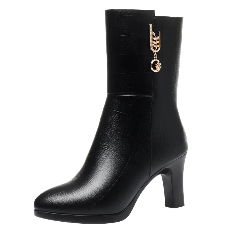 Women's Autumn Winter Fashion Leather Boots Warm High-heeled Plush Trend Mid-calf Zipper Round Head Mother Cotton Boots Outdoor
