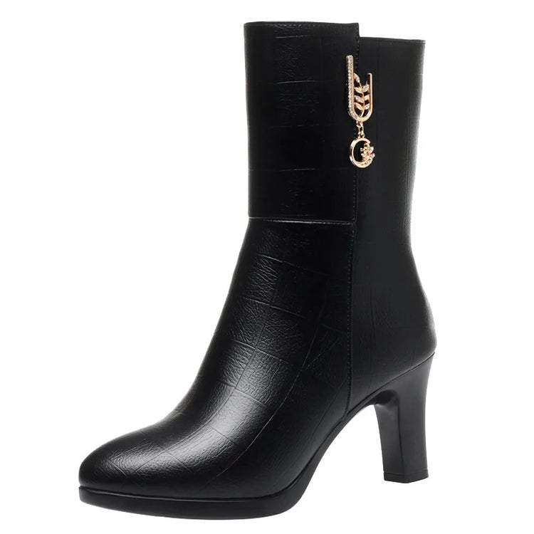 Women's Autumn Winter Fashion Leather Boots Warm High-heeled Plush Trend Mid-calf Zipper Round Head Mother Cotton Boots Outdoor