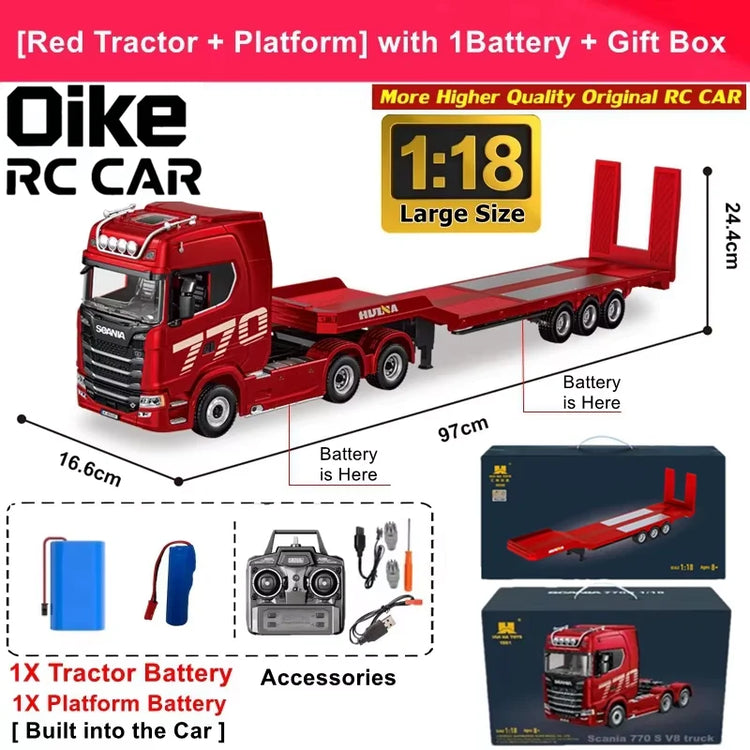Remote Control Truck HUINA 1501 4WD RC Semi Trailer Car Heavy Duty Tractor with Light Sound 4X4 Off Road Tank Vehicle Model Toy