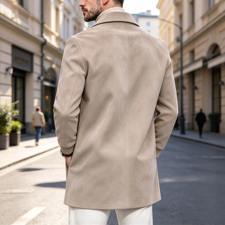 Men Faux Suede Mid Length Coat Autumn Winter Lapel Zipper Jacket Business Casual Slim Fit Windproof  Overcoat Streetwear Outwear