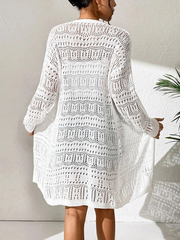 Polyester 100.00% Solid Color Knitted Cardigan with Sun Shading and Loose Fitting Fashion, Mid Length and Elegant Sweater