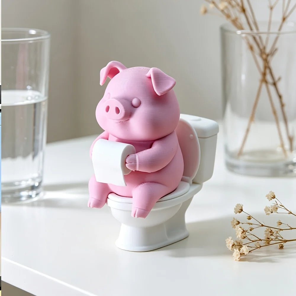 Cute Pig Sitting on Toilet,Bathroom Decor,Tabletop or Wall-Mounted,Home Office Desk & Living Room Display,Home Decor