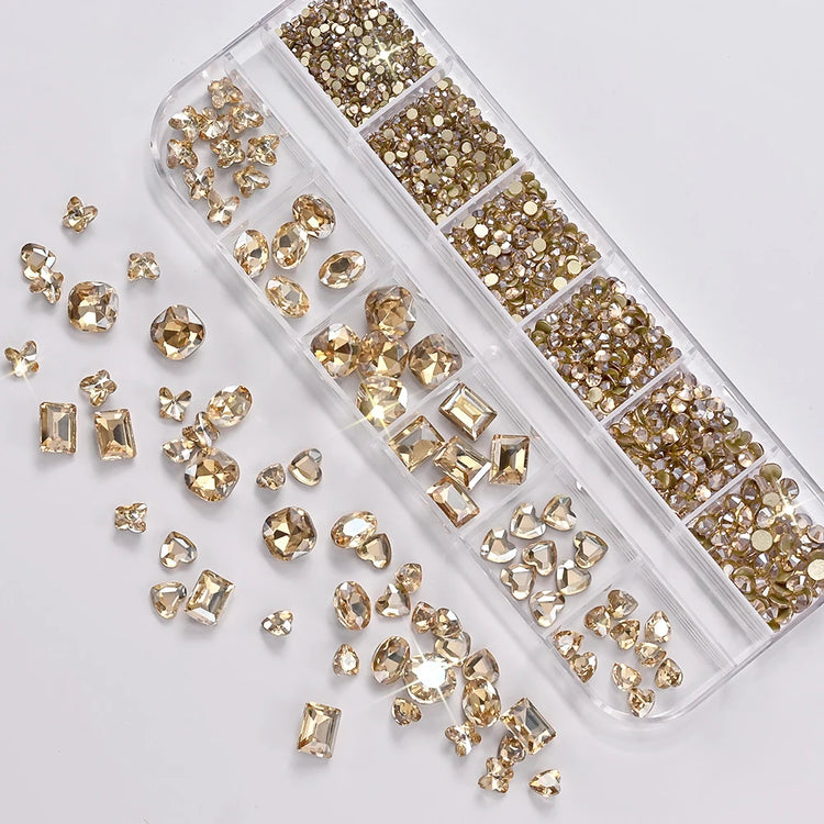 12 Grids 3D Champagne Nail Art Rhinestones Mixed Round,Fat Square,Heart,Butterfly Glass Diamond Nail Charms DIY Manicure Decor *
