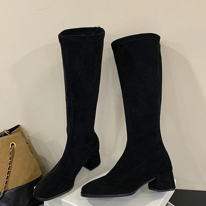 Eilyken High Quality Round Toe Women Knee-High Boots Fashion Square Heels Shoes Autumn Winter Long Zipper Booties