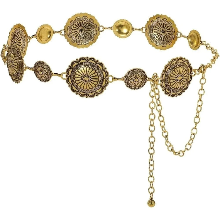 Versatile Vintage Waist Chain Belt Boho Style Adjustable Length Metal Concho Belt Silver/Gold Metal Chain Belt for Women
