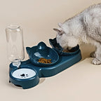 Pet Bowls With Water Feeder, 3 In 1 Ear Design Tilted Cat Water And Food Bowl Set With Gravity Water Bottle For Neck Protection