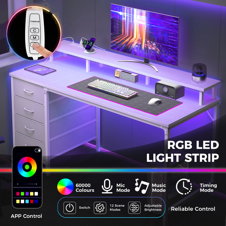 JHK 40In to 47In Gaming Computer Desk with 4 Storage Drawers Wood Office Desks with Power Outlets and LED Lights for Home Office