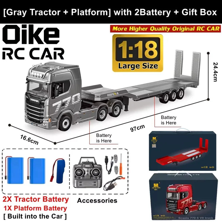 Remote Control Truck HUINA 1501 4WD RC Semi Trailer Car Heavy Duty Tractor with Light Sound 4X4 Off Road Tank Vehicle Model Toy